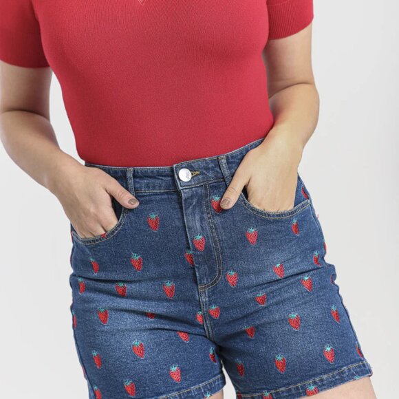 Hell Bunny Pants - Strawberry embroidered denim shorts women’s